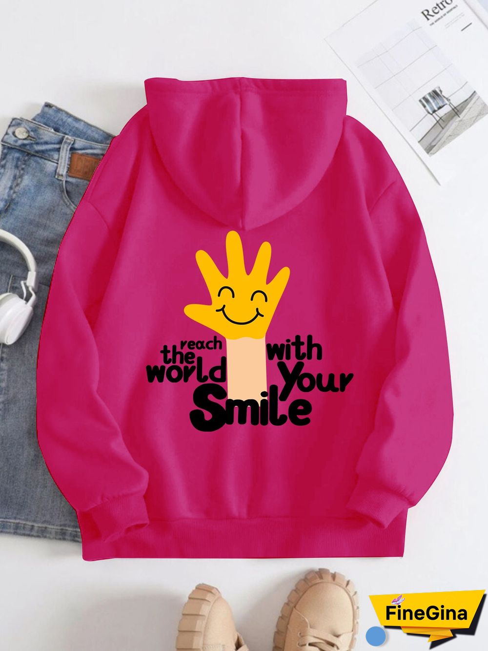 Printed on the Back Kangaroo Pocket Hoodie Long Sleeve for Women Pattern Touch the World with Your Smile
