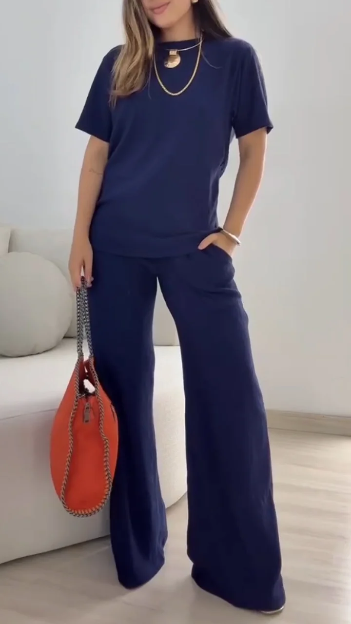 Ladies Round Neck Solid Color Casual Suit