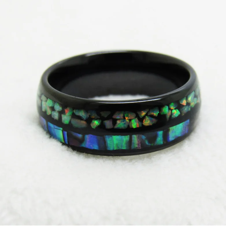 6MM 8MM Full Arc Electric Black Tungsten Carbide Wedding Bands Inlaid Opal And Abalone Shell Couple
