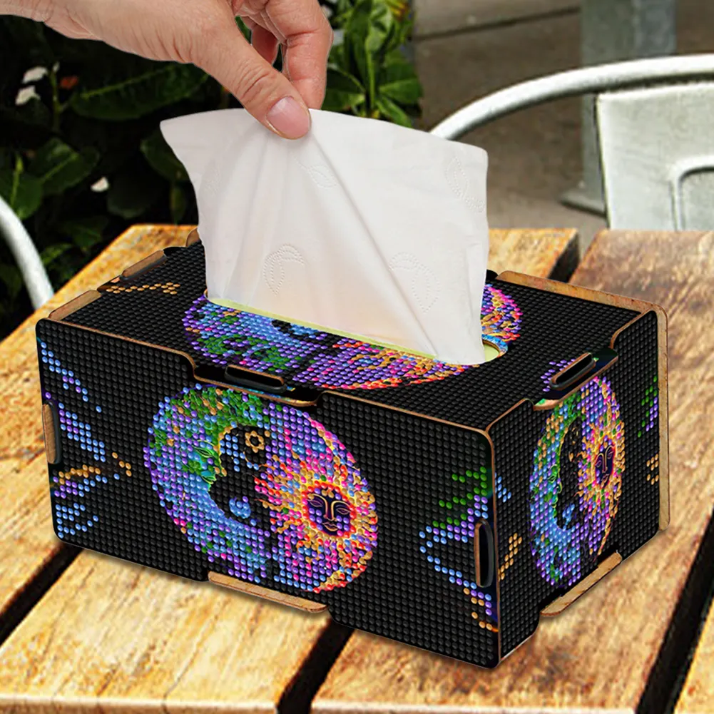 Sun and Moon Diamond Painting Tissue Box Wooden Diamond Art Tissue Storage Box