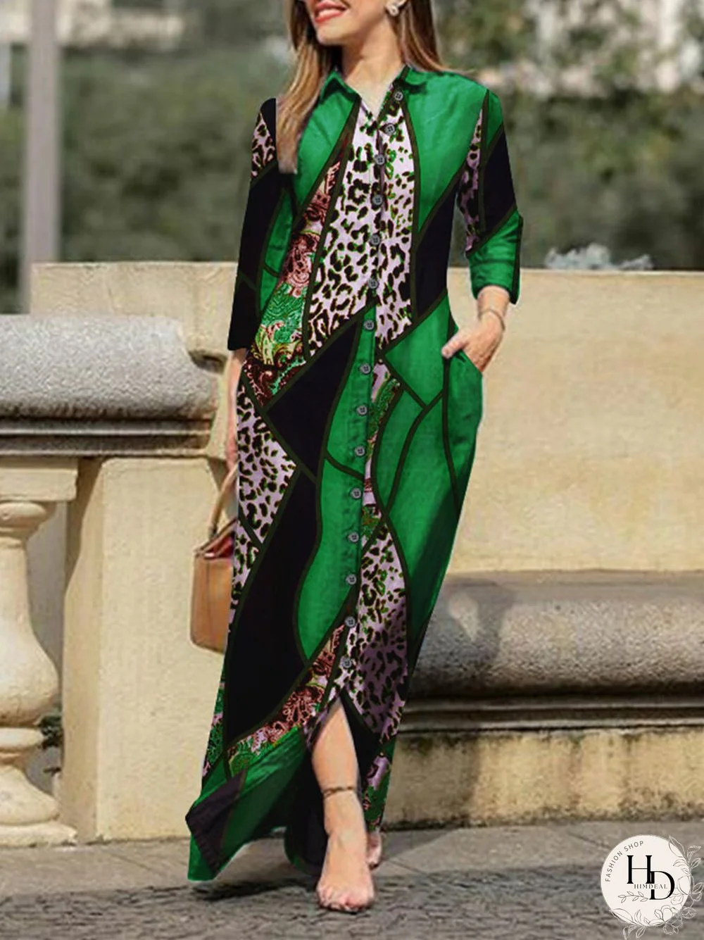 Leopard Contrast Color Pocket Maxi Button Down Shirt Dress