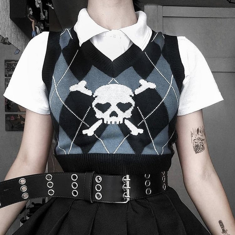 90s GRUNGE SKULL PLAID SLEEVELESS BLACK SWEATER