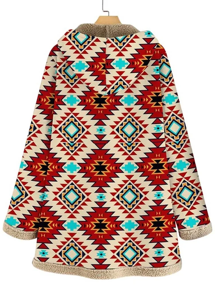 Winter Fleece Warm Hooded Jacket Women Fashion Ethnic Print Long Sleeve Vintage Coat Female Streetwear Oversize Outwear 2022 New