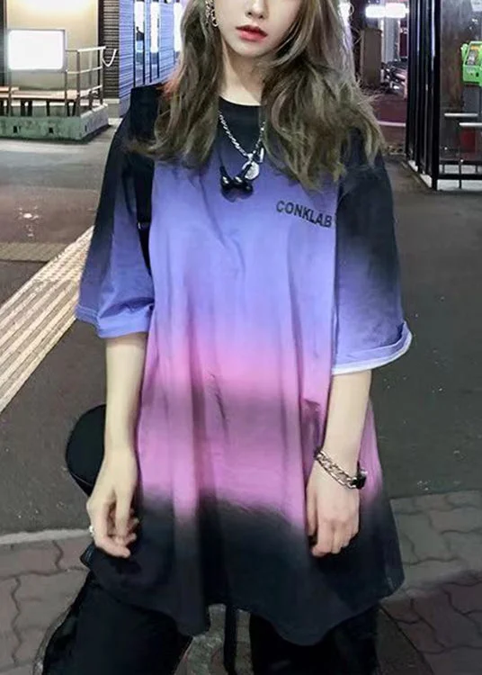 Gradient Color O Neck Tie Dye Patchwork Cotton T Shirt Summer