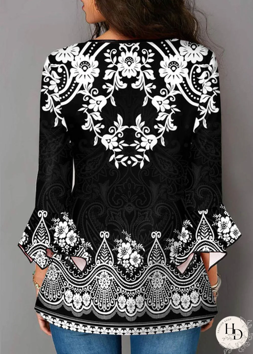 Womens Autumn Fashion Clothes Elegant V-Neck Tunic Tops Casual 3/4 Sleeve Printing Blouse Shirt Plus Size Loose Streetwear Pullover T-shirts XS-8XL