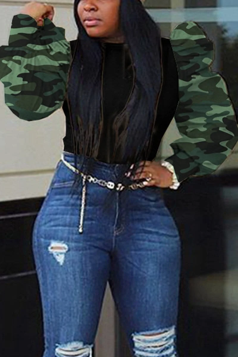 Fashion Stitching Camouflage Puff Sleeve Top