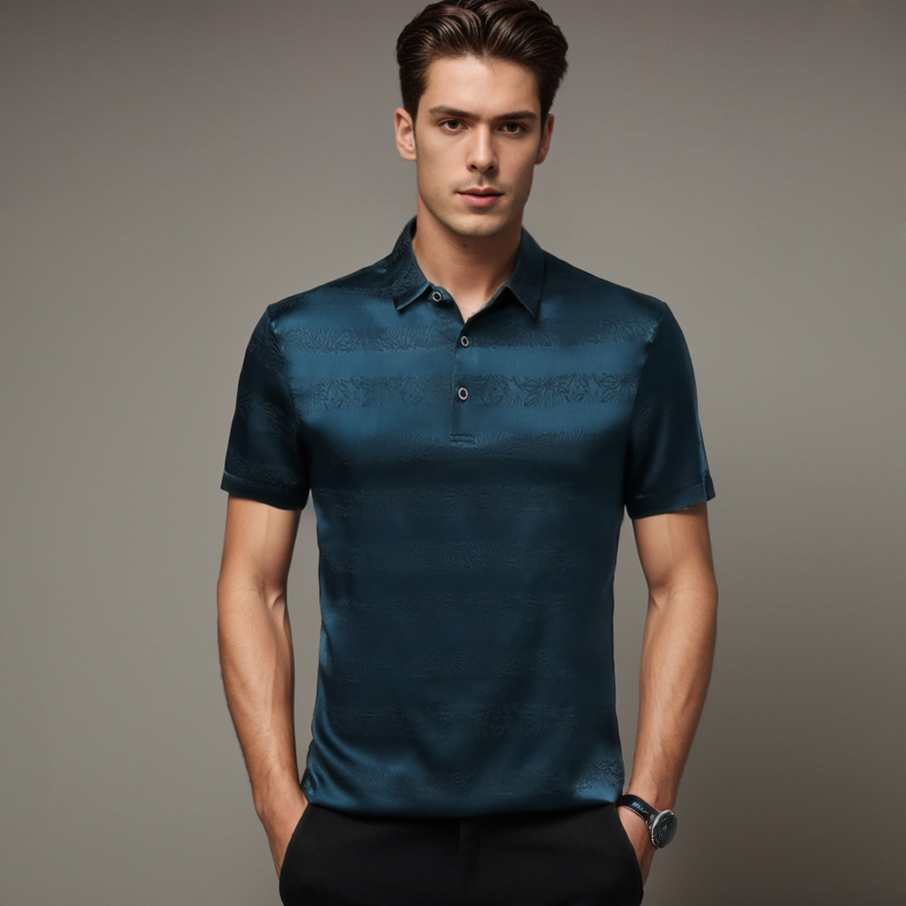 No-Iron Wrinkle-Free Men's Silk Polo Shirt Froral Pattern Style Short Sleeves REAL SILK LIFE