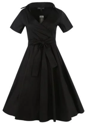 Vintage Dress Lapel Three-quarter Sleeves Bowknot High Waist Midi Swing Dresses