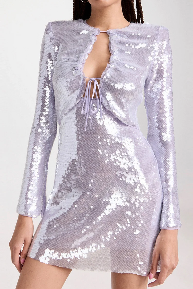 Hollow Out Lace Up Sequin Mini Dress-Light Purple