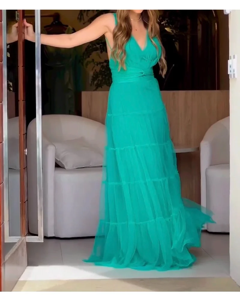 Solid color dark V sexy long floor-length dress