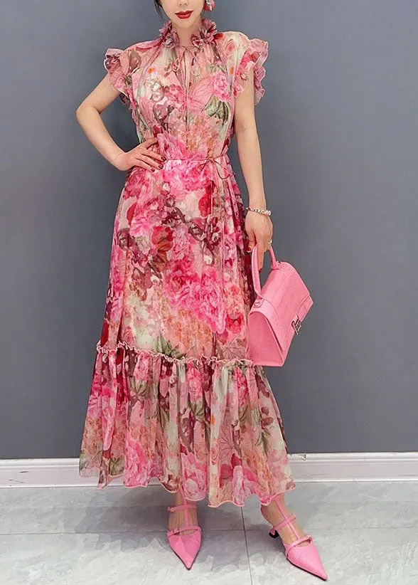 Ivory Pleated Chiffon Pink Ruffled Two-tone Dress