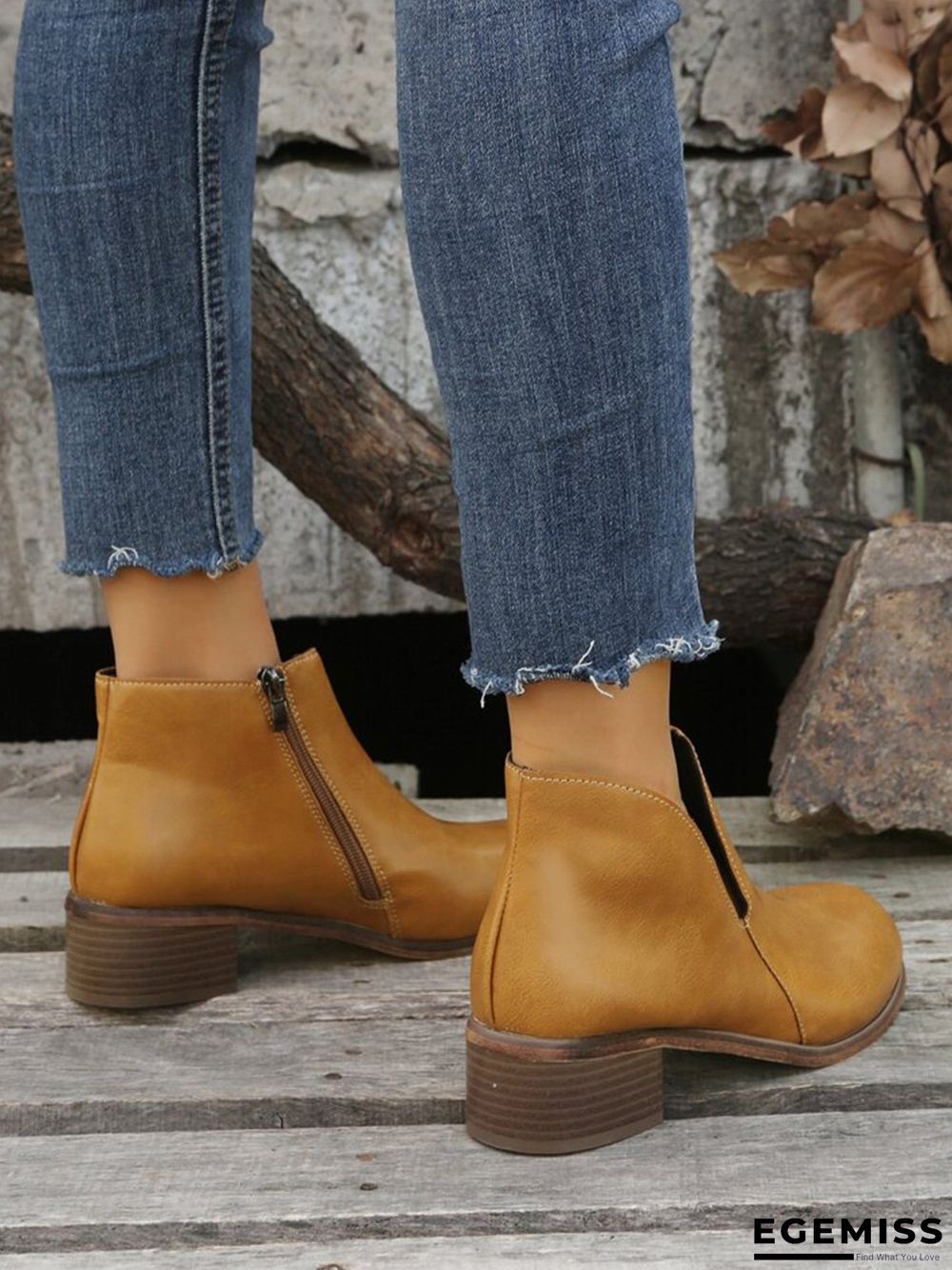 Retro Distressed Polished Color Zipper Thick Heel Pointed Ankle Boots | EGEMISS