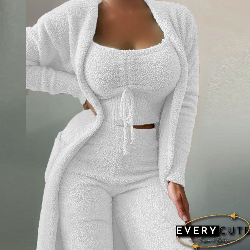 Autumn Winter New Women Fashion Casual Plush Lace-Up Vest+Long Cardigan+Trousers Suits Soft Fuzzy Solid Three Piece Set Outfits
