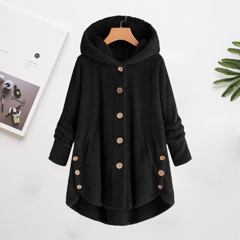 2021 Winter Women Vintage Coats Fashion Warm Solid Color Casual Button Hooded Outwear Plus Size Soft Long Sleeve Wool Coats