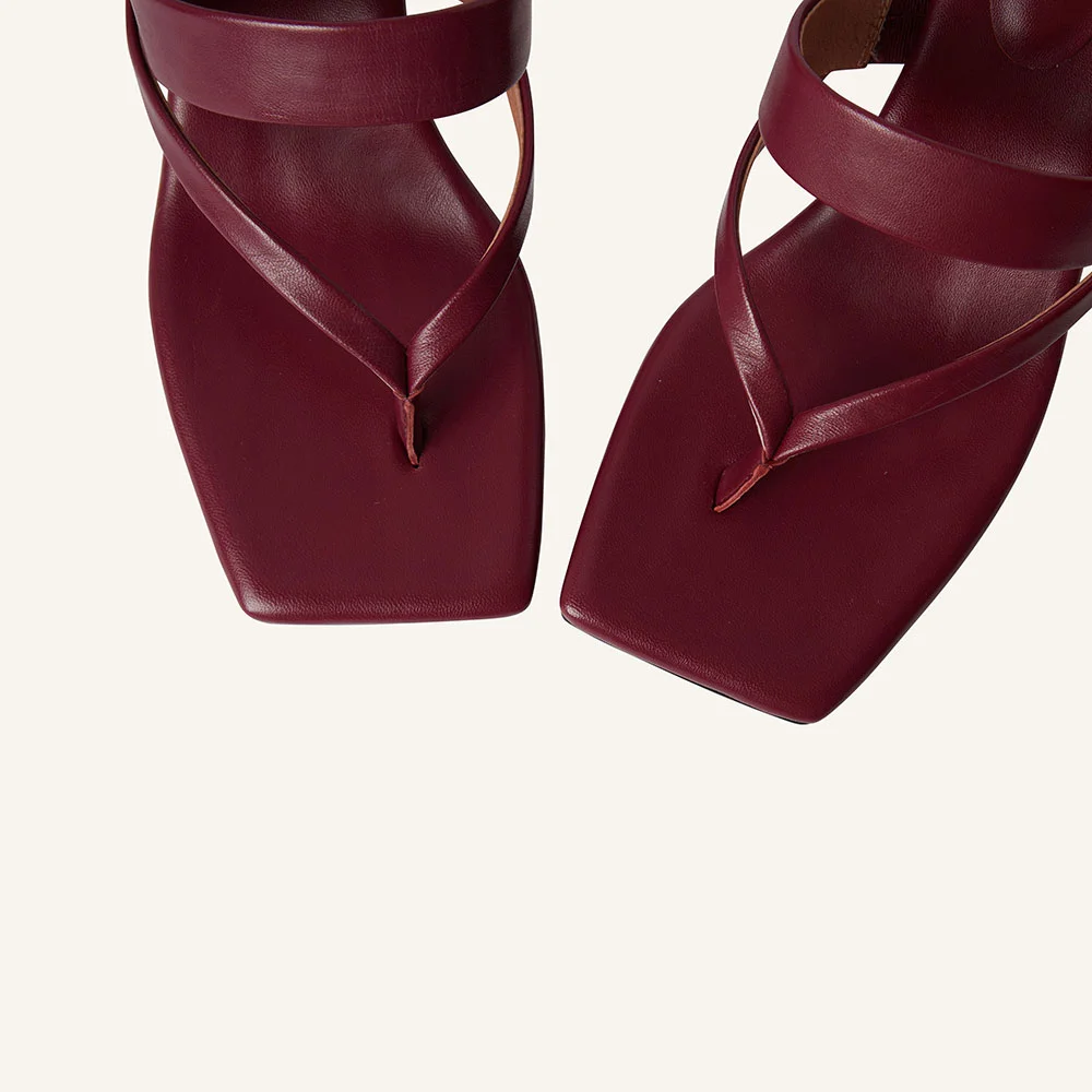 Burgundy Vegan Leather Open Square Toe Wedge Sandals for Women