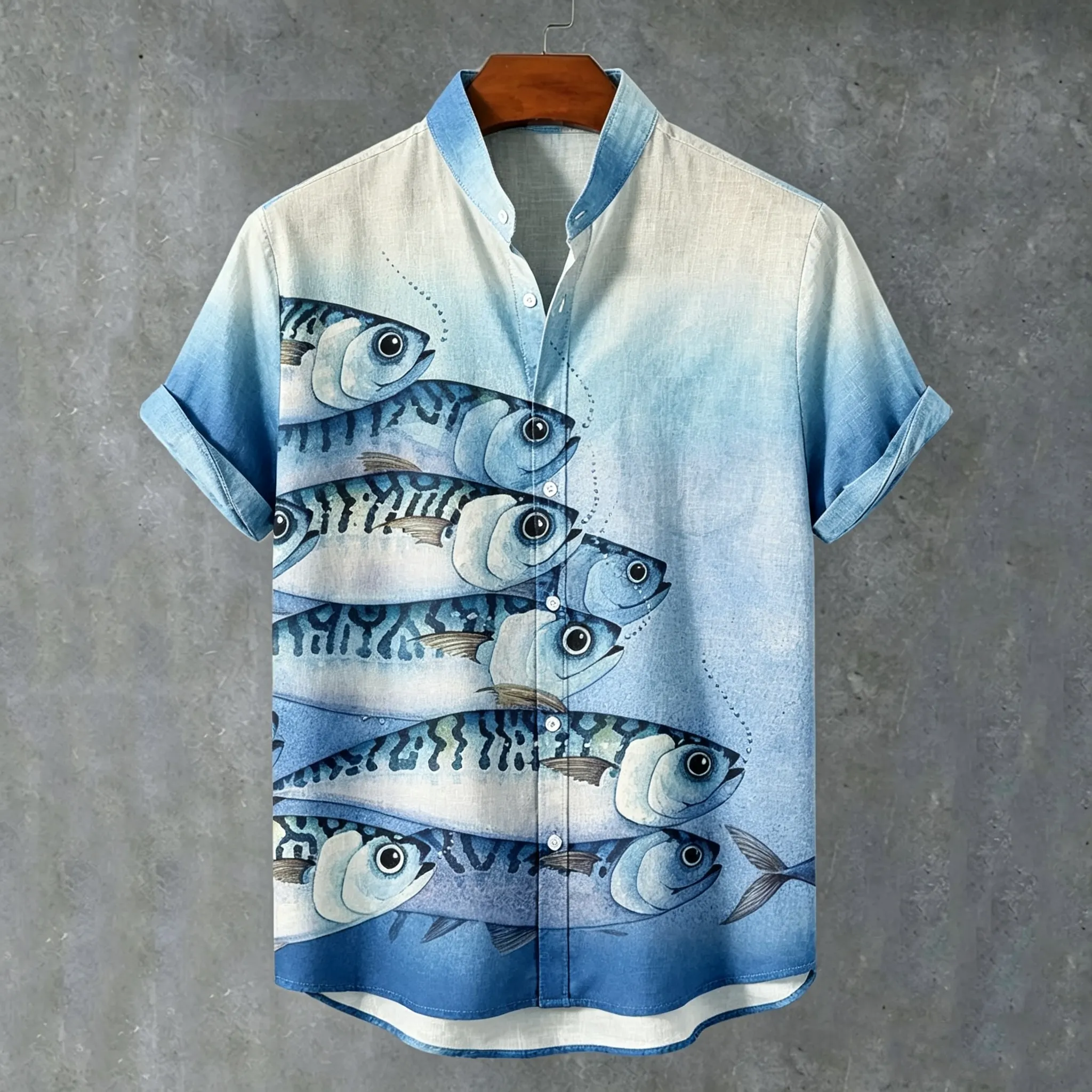 Men's Retro Art Gradient Fish Print Cotton Linen Short-sleeve Shirt  artssus