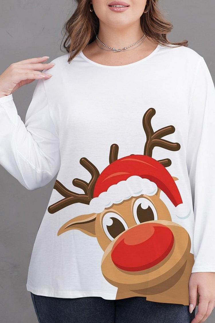 Flycurvy Plus Size Christmas Casual White Animal Print Long Sleeve T-Shirt  Flycurvy [product_label]
