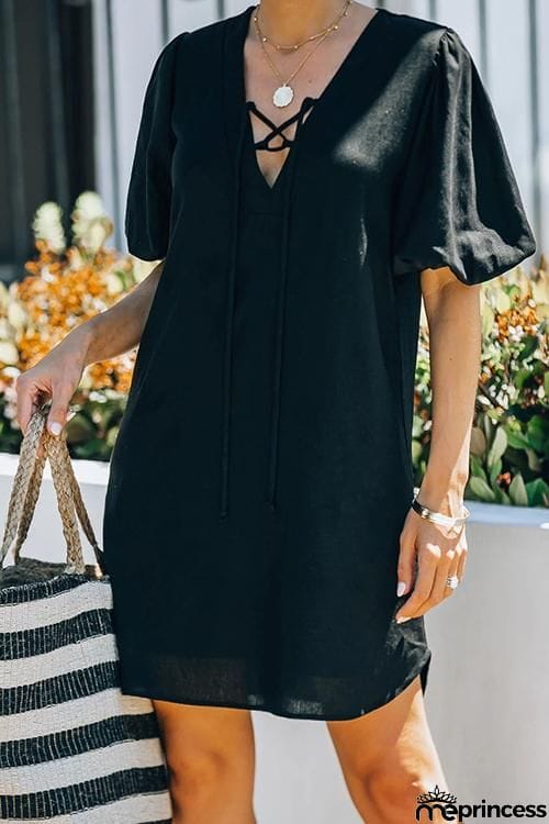 Solid Lace Up V Neck Puff Sleeve Mini Dress