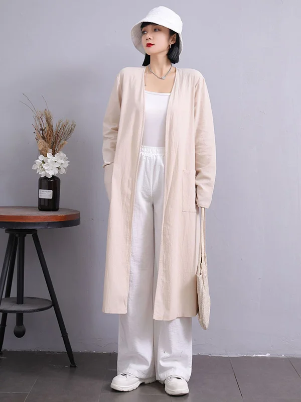 Simple Ramie Cotton Solid Color Long Sleeves Long Outerwear
