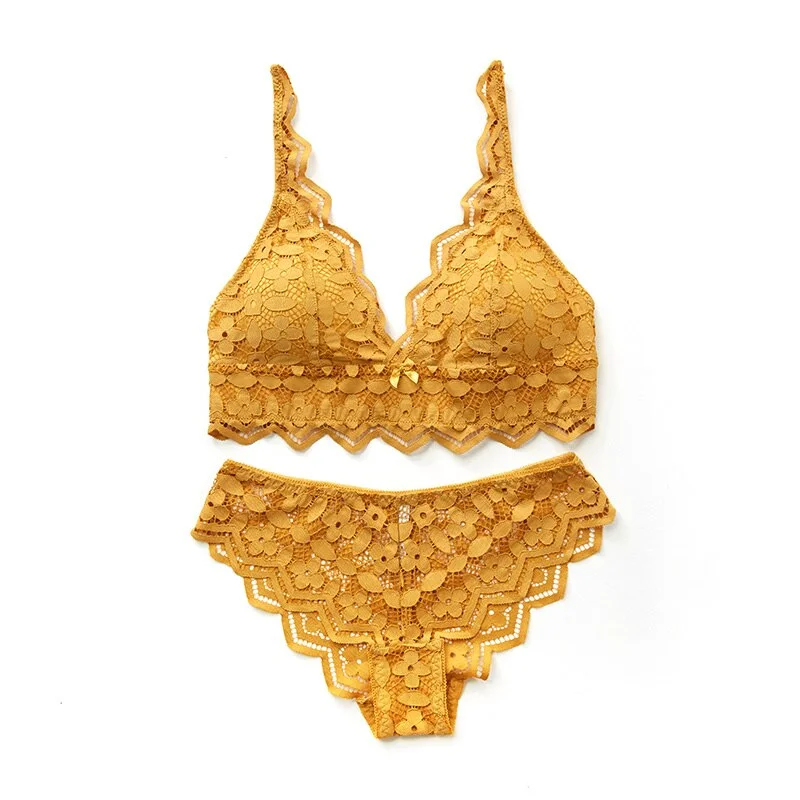 Wriufred Women's Underwear Set Sexy Lace Removable Chest Pad Bralette Two Piece Bra Briefs Set Push Up Sleepwear Lingerie Set