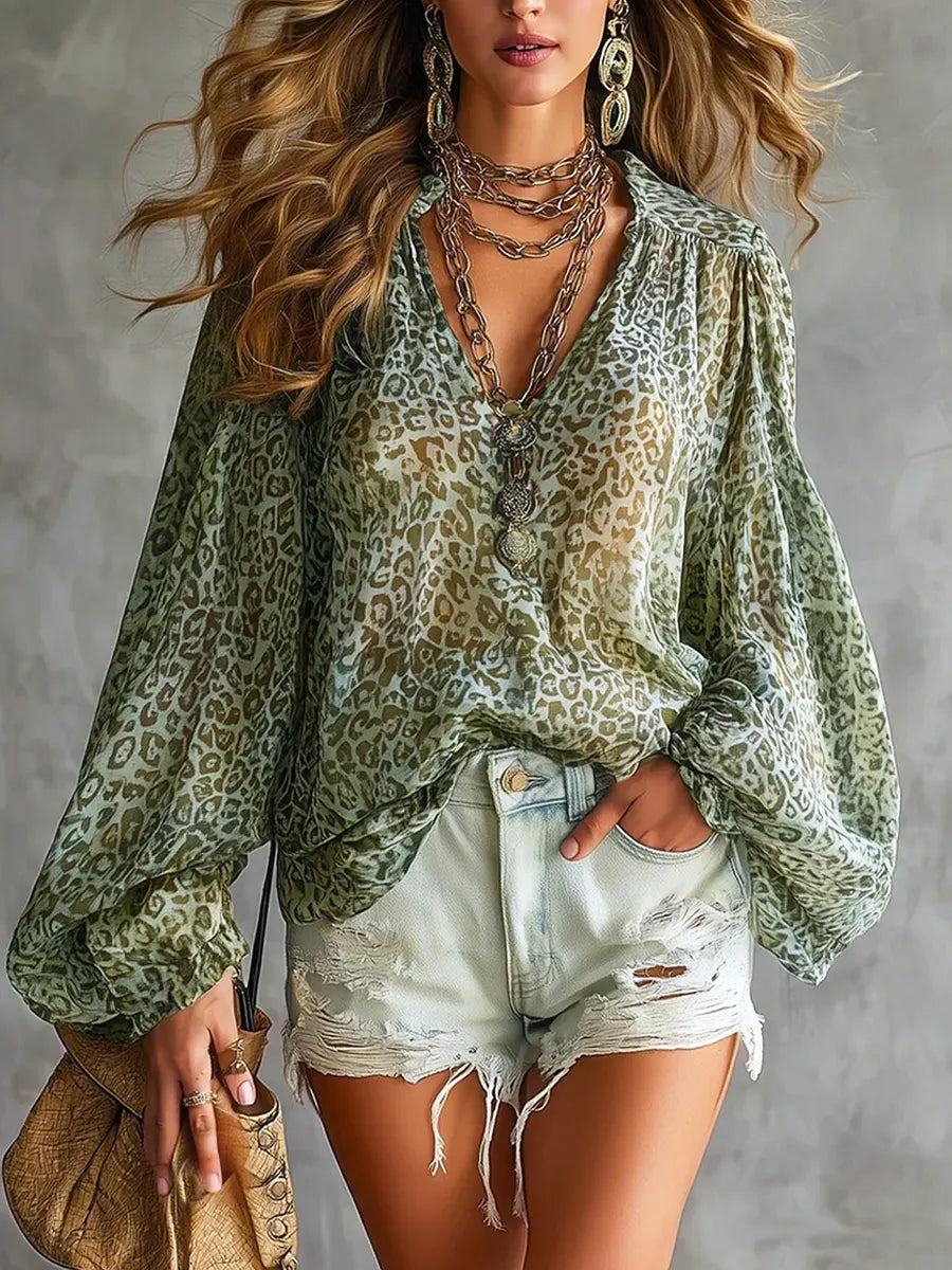 Women's Retro Leopard Art Casual Stylish Long Sleeve Shirt mysite idetrend
