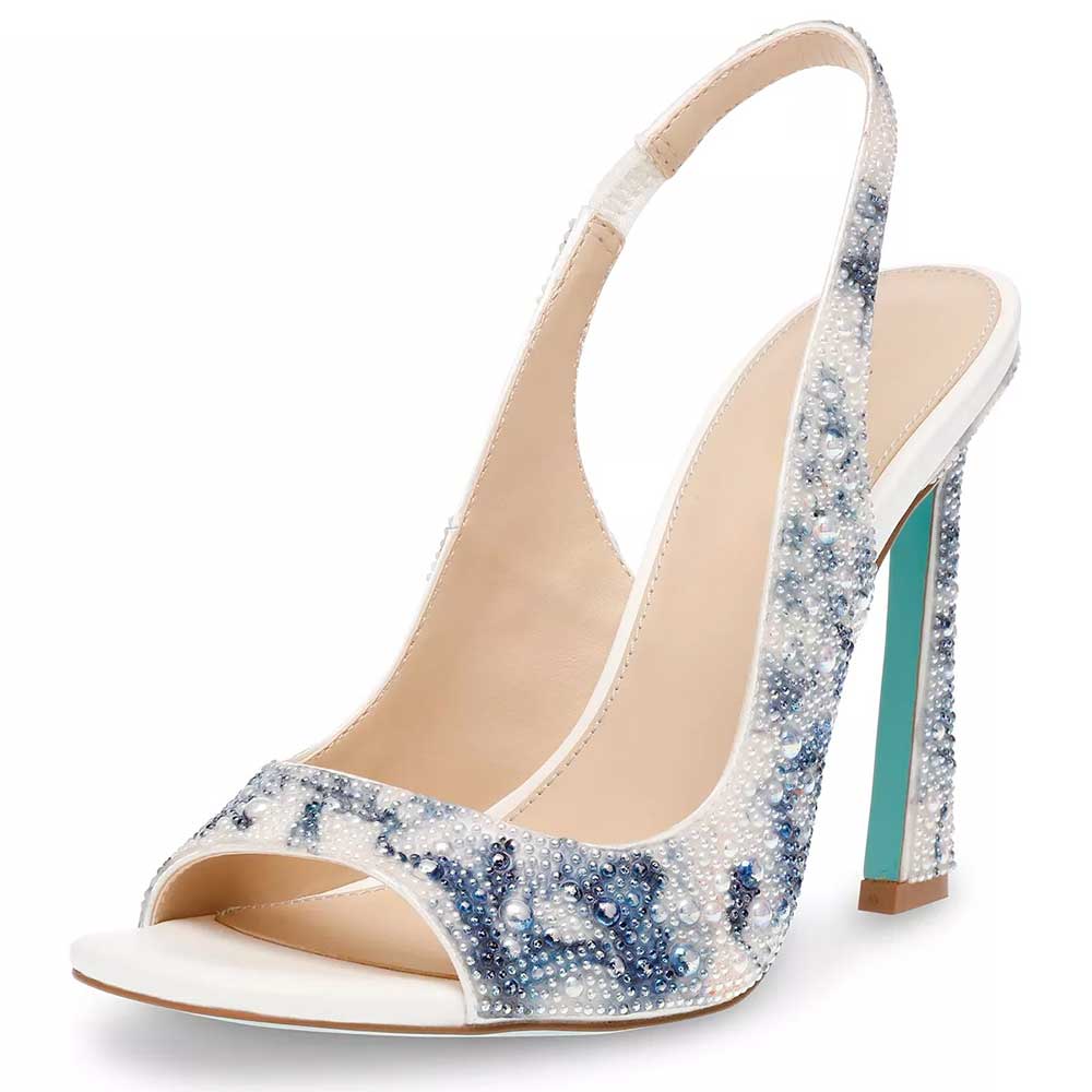 Elegant Blue & White Wedding Sandals Rhinestone Slingback High Heels