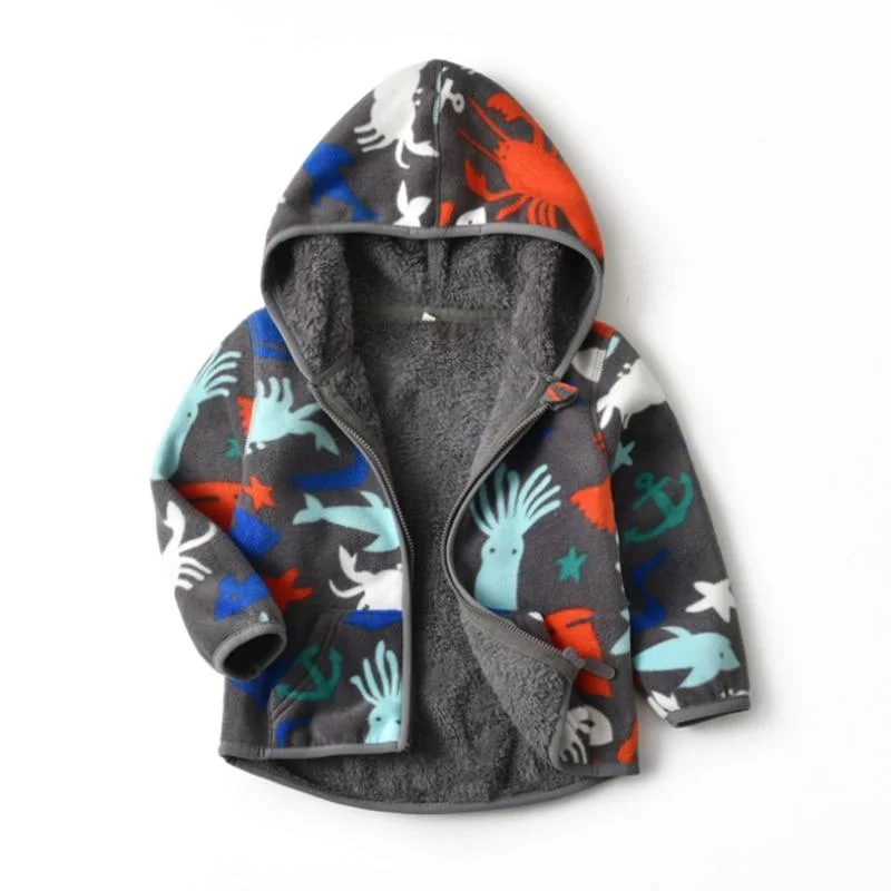 Mudkingdom Boys Coats Fashion Dinosaur Print Pattern Long Sleeve Hooded Children Outerwear Winter Fleece Boys Jackets