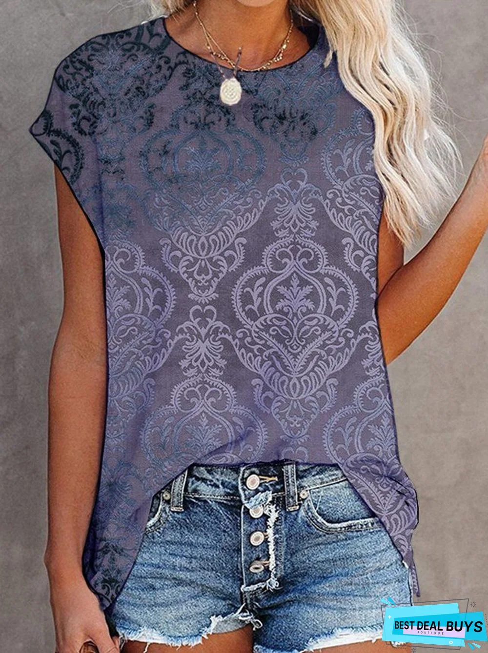 Paisley Short Sleeve  Printed  Cotton-blend  Crew Neck  Vintage Summer Blue Top