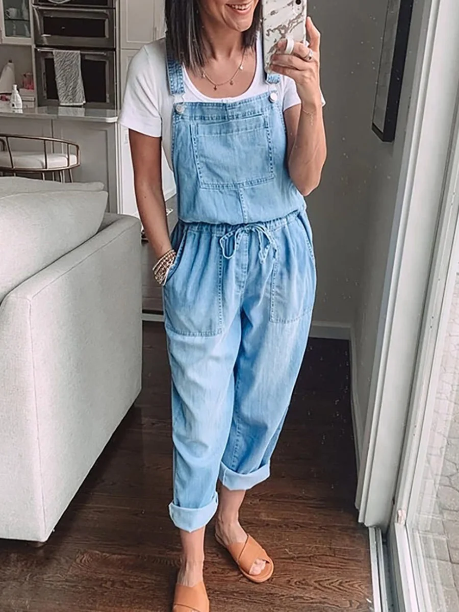 Rolled Pockets Solid Color Denim Overalls Jumpsuits