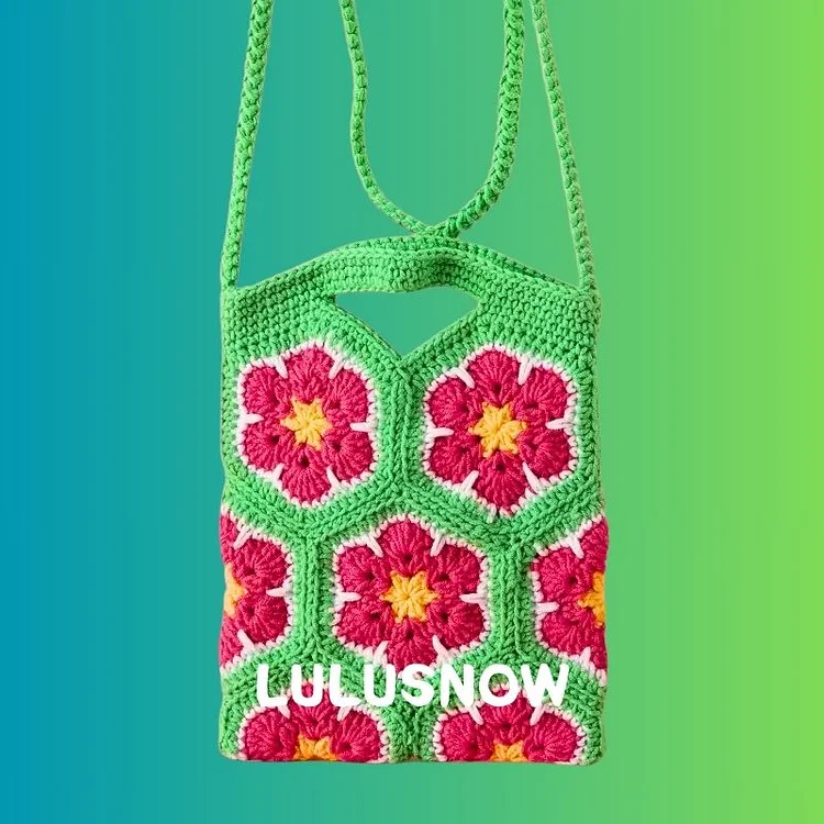 Lulusnow Handmade Green Flower Snow Granny Square Crochet Crossbody Bag