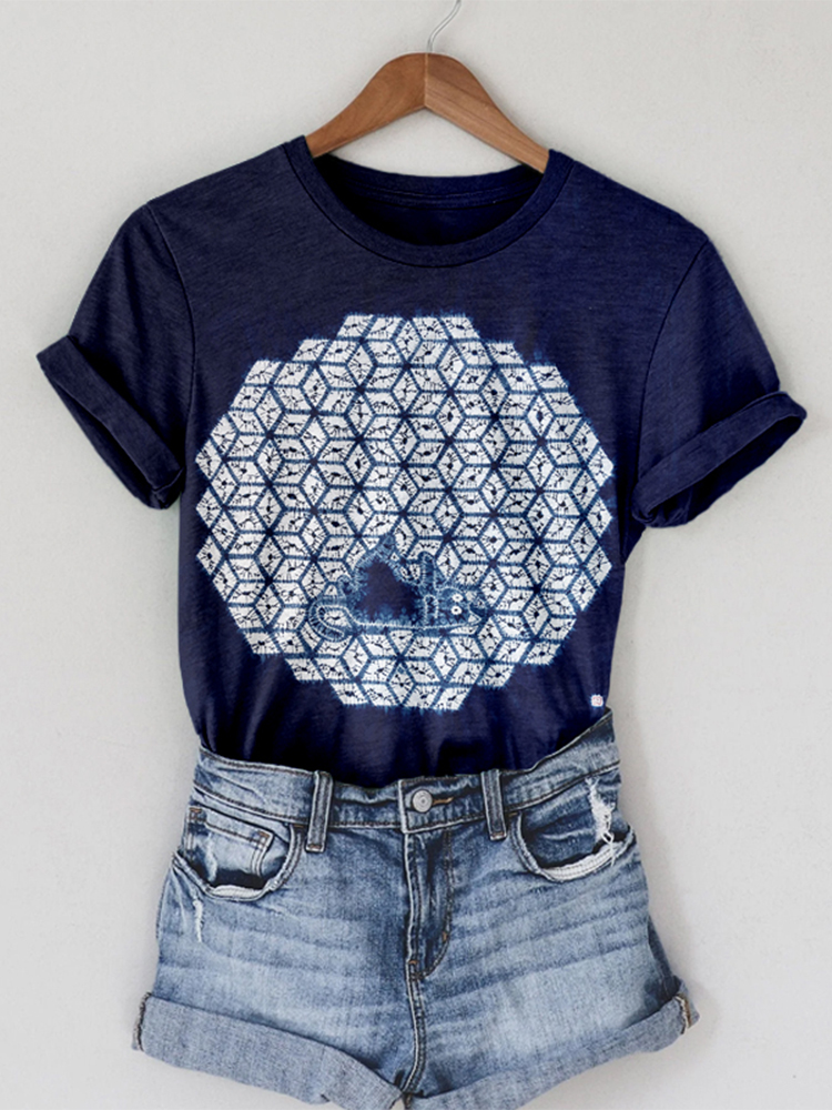 Comstylish Lovely Cat Indigo Shibori Art Crewneck Cozy T Shirt