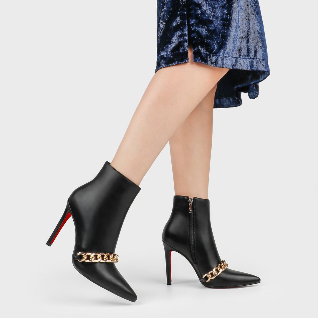 Women's Closed Pointed Toe Chain Studded Stiletto Ankle Boots Red Bottom Heels-vocosishoes
