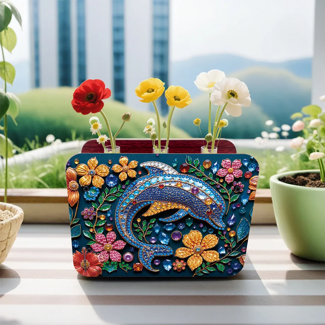 Dolphin DIY Flower Vase Wooden Double Sided Desktop Diamond Art Kit Home Decor