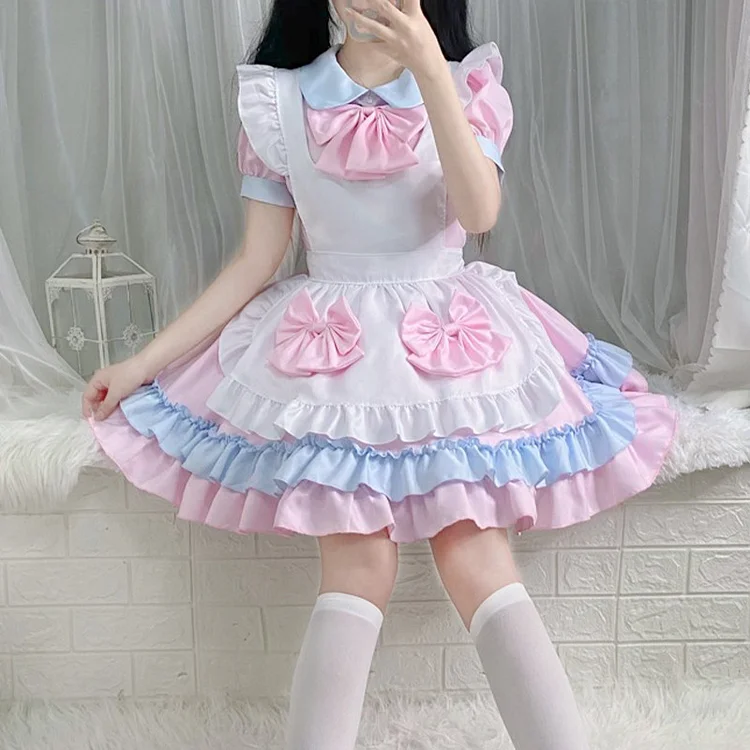 Lolita Peter Pan Collor Bubble Sleev Bowknot Ruffled Mini Maid Dress
