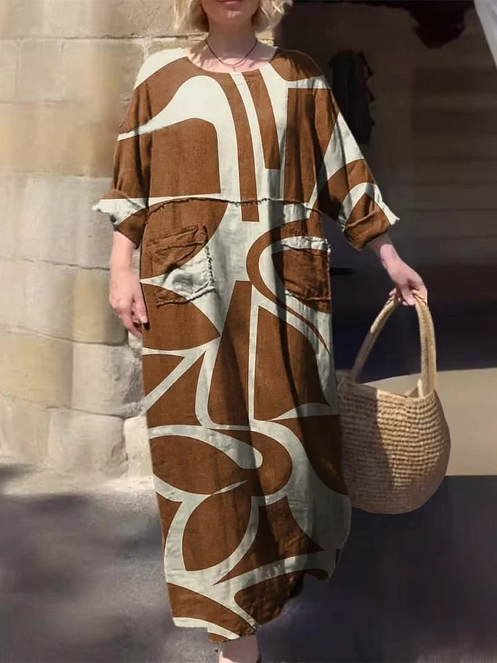 Women's Round Neck Abstract Geometric Print Three-quarter Sleeve Pocket Cotton Dress