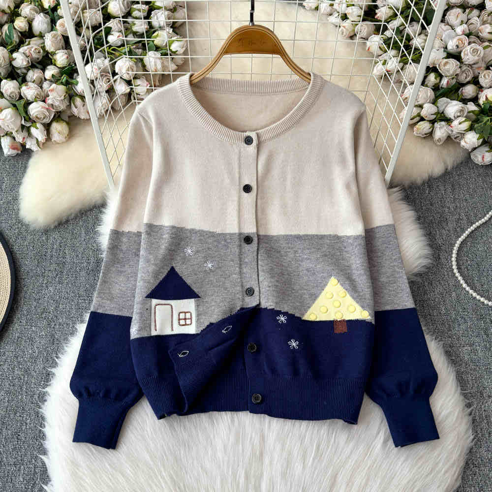 Luckwaveonline stylish dresses women Creative Embroidery Knitted Cardigan for Women Autumn Winter O-Neck Long Sleeve Loose Sweater Coat Lady Casual Top