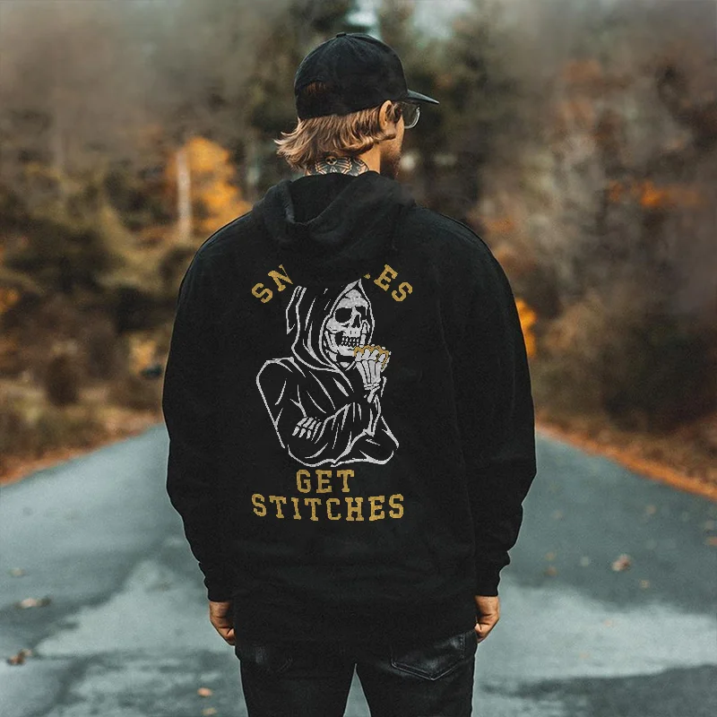 Snitches Get Stitches Skull Printed Men's Hoodie -  