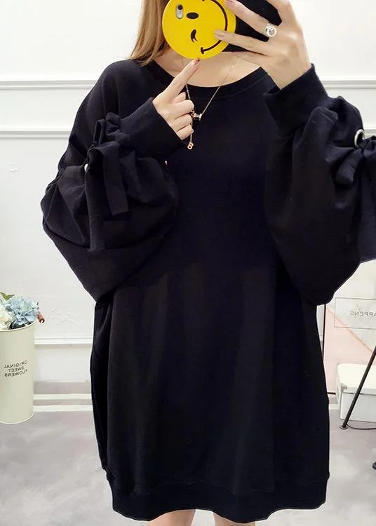 Elegant Long Sleeve Cotton Linen Spring Dress Black Dresses