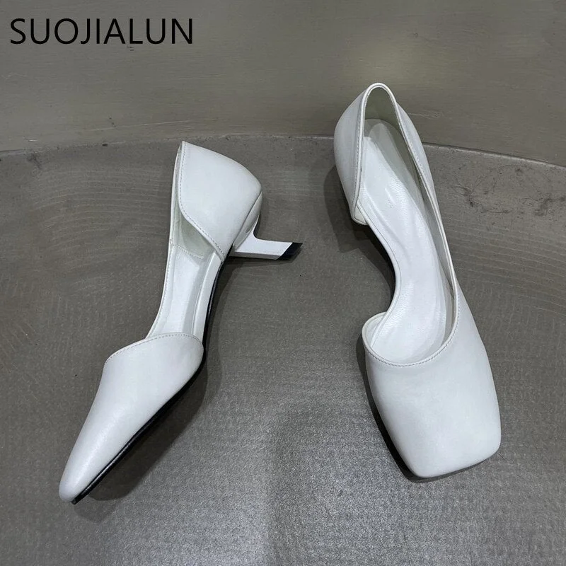 SUOJIALUN 2022 Spring New Women Pumps Sandal Ladies Elegant Low Kitten Heel Dress Shoes Square Toe Shallow Pumps Shoes for Work