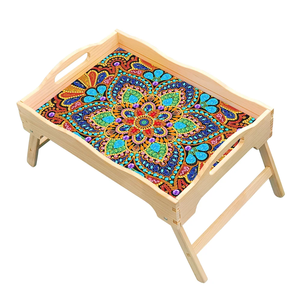 DIY Mandala Diamond Painting Wooden Dinning Table Tray with Handle for Serving Food