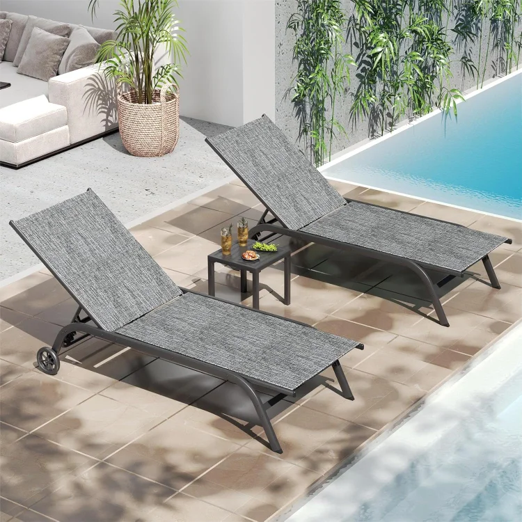 Aluminum Patio Lounge Chairs Outdoor Chaise Set of 3, Pool Lounge Chair with 5-Level Backrest Lounger with Wheels and Side Table for Beach Patio Lawn