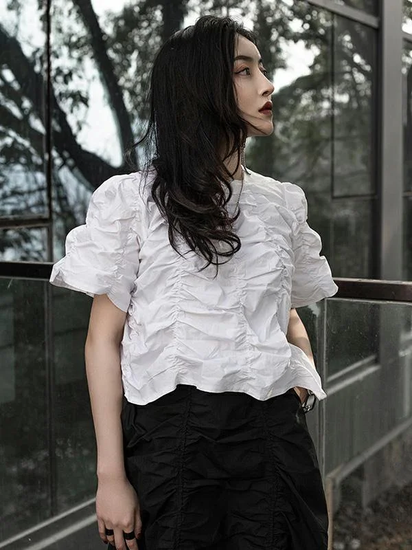 Loose Pleated Solid Puff Sleeve T-Shirt