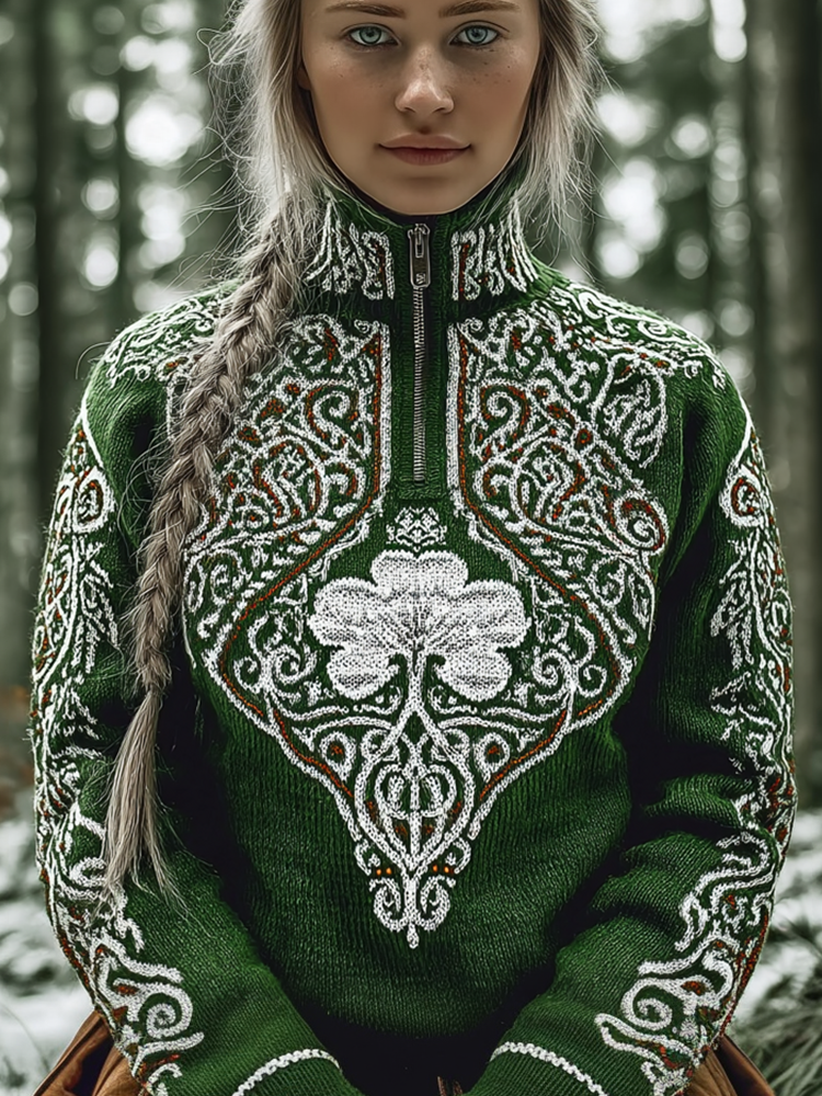 St. Patrick's Day Shamrock Pattern Women's High Neck Half Zipper Sweater wearshes