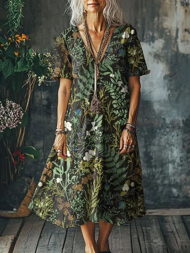 Women's Vintage Lovely Floral Art Print Pocket Cotton Dress