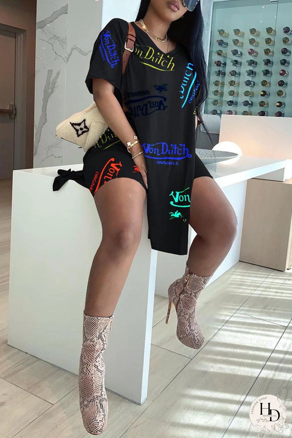 Black Fashion Casual Print Slit V Neck Short Sleeve Two Pieces