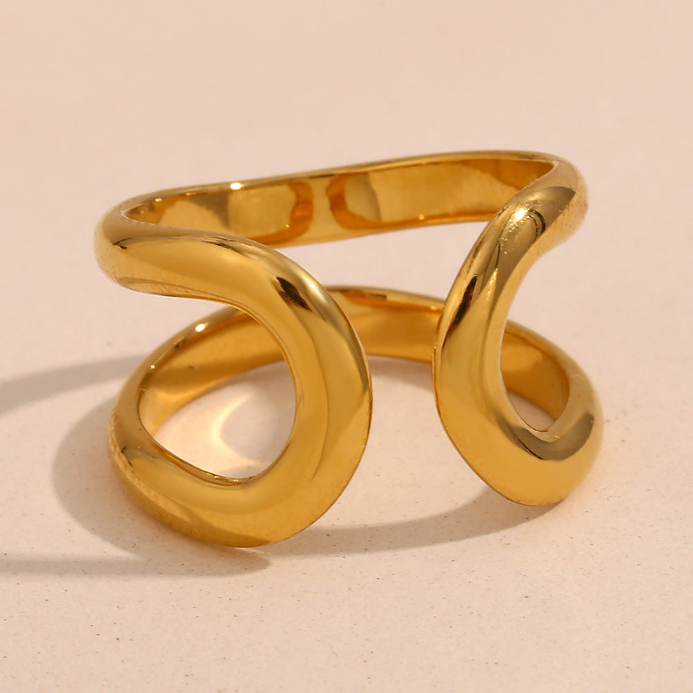 Fashionable Niche Personality French Line Hand-Made Stainless Steel 18K Gold Plated Double-Layer 8-Shaped Open Ring