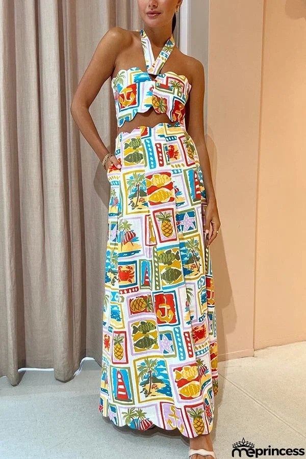 Celebrate The Sunshine Funny Printed Petal Trim Halter Top and Pocketed Maxi Skirt Set