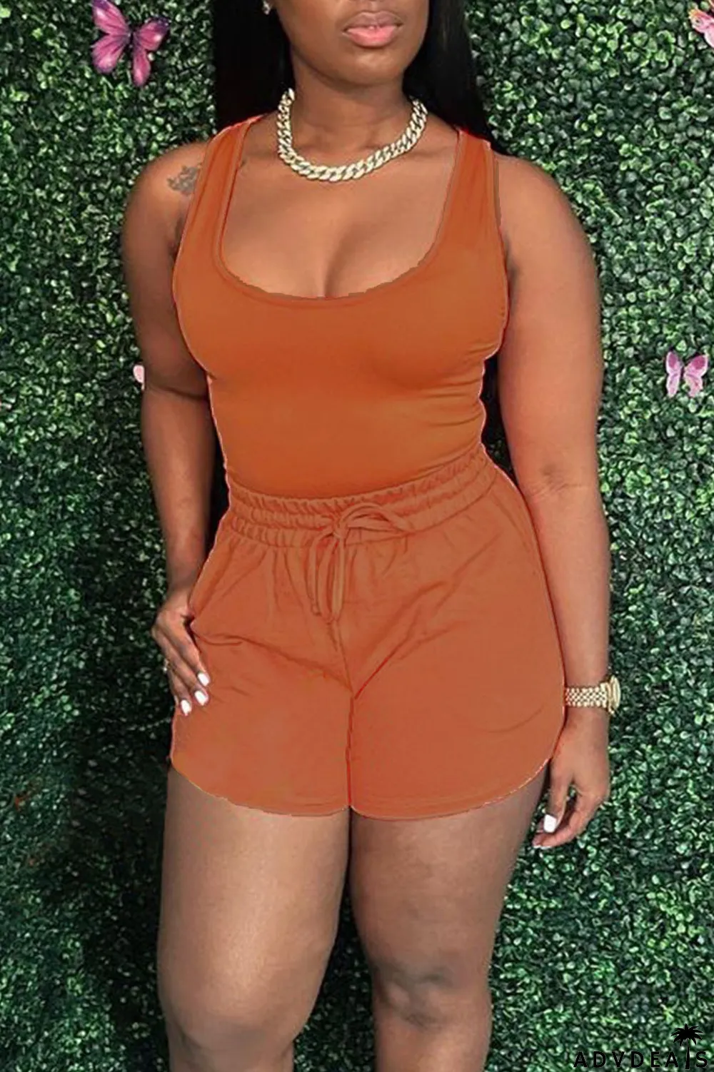 Orange Pink Casual Solid Split Joint U Neck Sleeveless Two Pieces