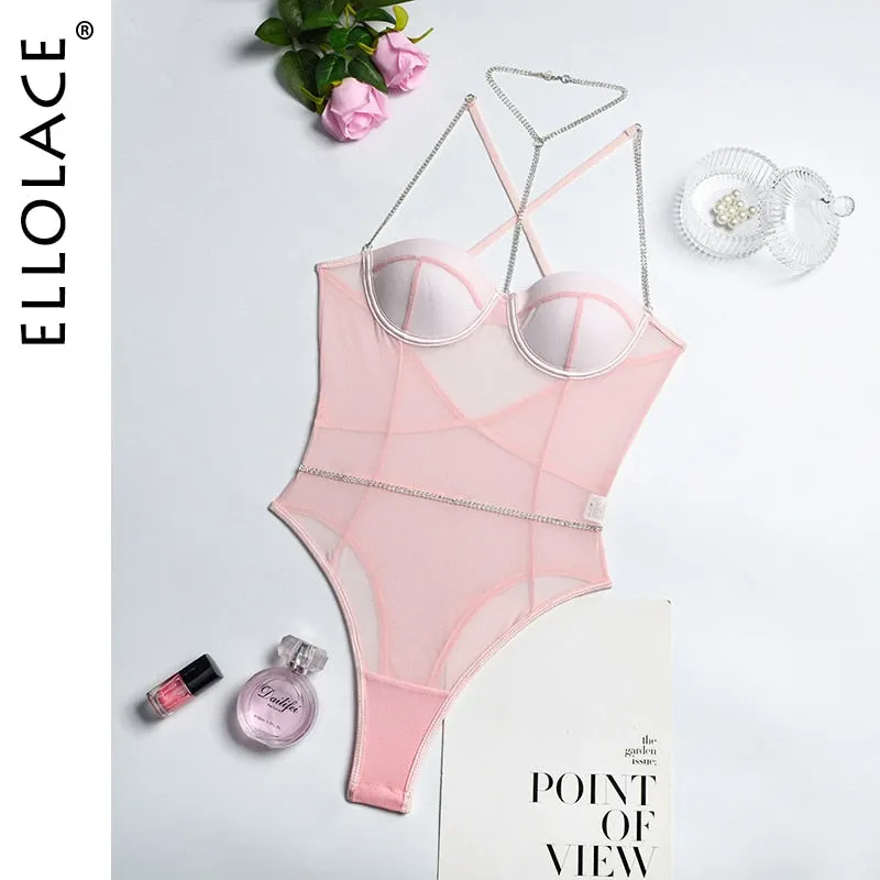 Ellolace Rhinestone Sexy Lingerie Bodysuit Women Lace Sleeveless Bodies Underwire Push up Bodycon High Cut Body Backless Top