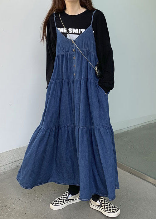 VCSHOES Blue Patchwork Wrinkled Denim Spaghetti Strap Dress Summer